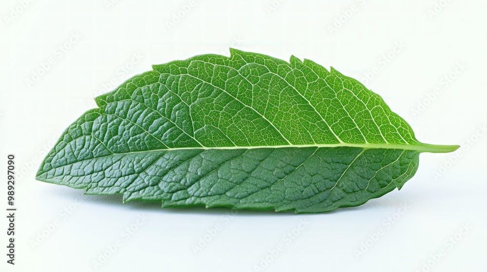 Obraz premium A single green mint leaf isolated on a white background.
