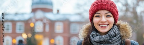 A cheerful Chinese student stands outside, enjoying her time studying abroad in winter weather photo