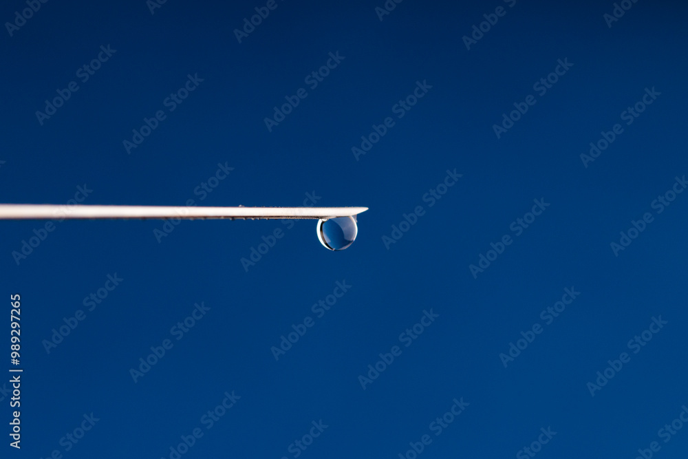 Syringe needle with droplet, close up view