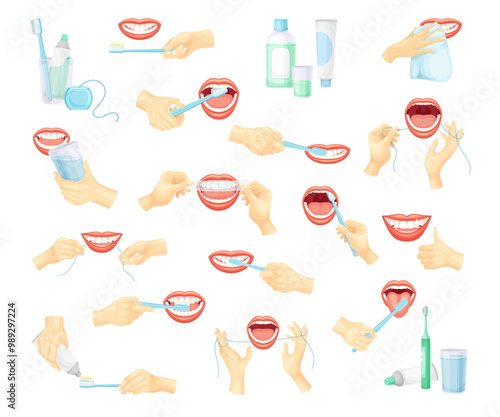 Dental Hygiene with Mouth and Teeth Brushing Procedure Vector Set
