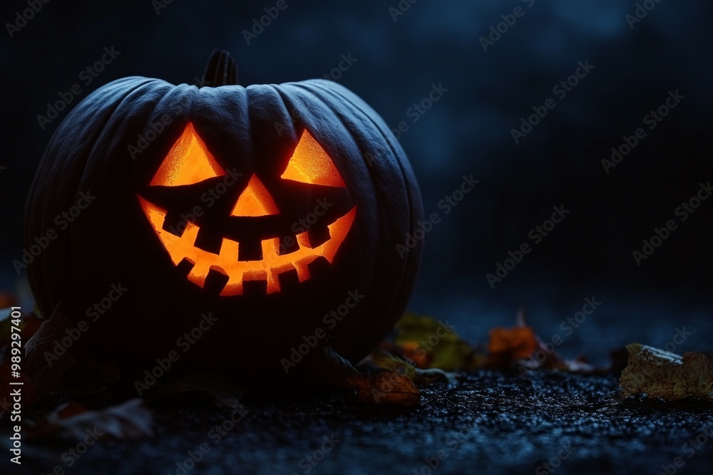 Fototapeta premium A Halloween pumpkin with a glowing face against a dark background, a Halloween wallpaper