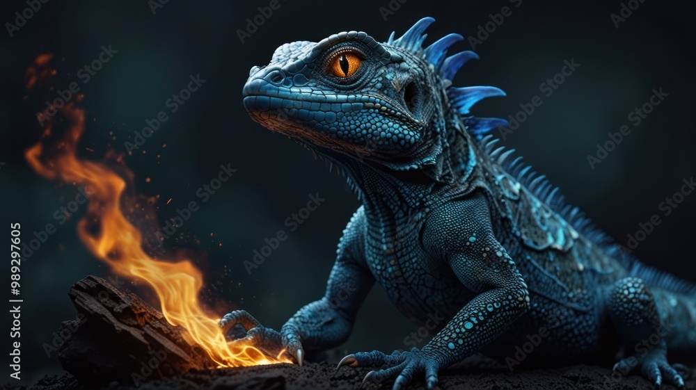 Fototapeta premium Blue Lizard Near Fire