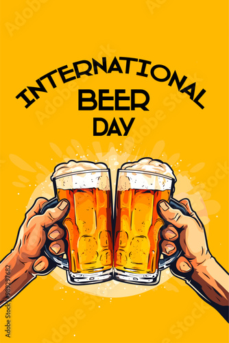 International Beer Day illustration banner of toasting with beer mugs