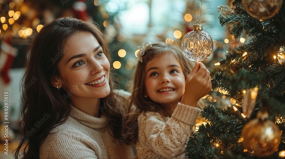 A mother and daughter decorating the Christmas tree together, hanging ornaments A mother and daughter decorating the Christmas tree together, hanging ornaments