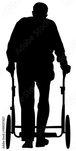 Back view silhouette illustration of a senior man with a walker