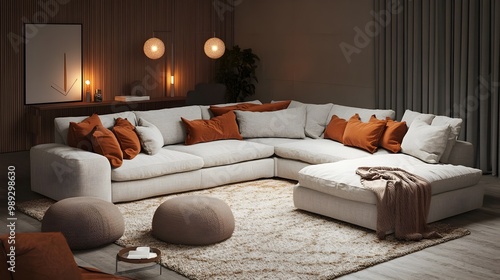 Cozy and inviting modern living room with a large comfortable sectional sofa minimalist stylish decor plush area rug and throw blankets mid century modern furnishings photo