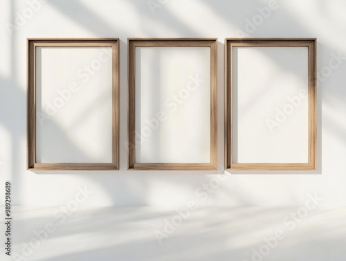 Three wooden photo frames arranged symmetrically on a white wall, the sunlight bouncing off the glass and creating a bright, airy feel in the space.