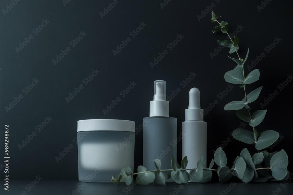 A set of white skincare products with frosted glass and minimalist design. A set of white skincare products with frosted glass and minimalist design.