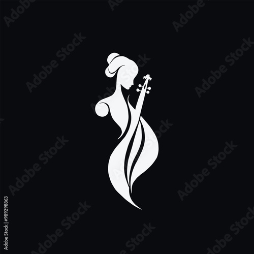 Design in a minimalist style, with a white female figure on a black background, with a double exposure of a chess piece and a violin shape
