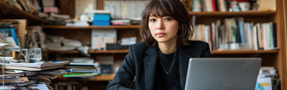 A young Japanese woman diligently works on her laptop at home amid stacks of papers A young Japanese woman diligently works on her laptop at home amid stacks of papers
