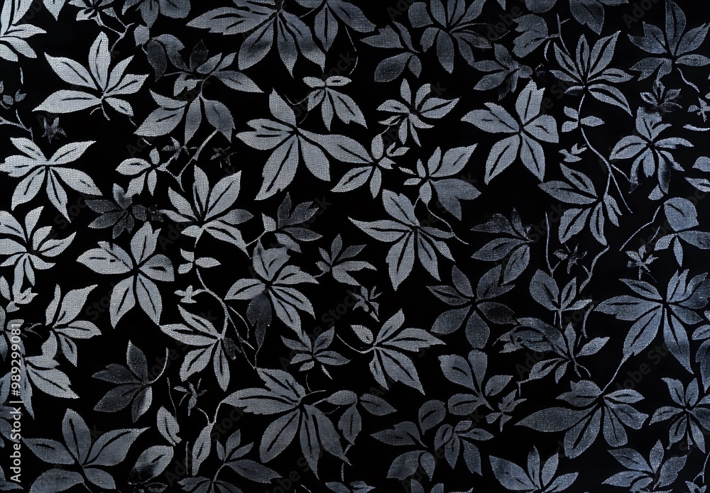 Black & Silver Japanese Leaf Pattern Fabric Black & Silver Japanese Leaf Pattern Fabric