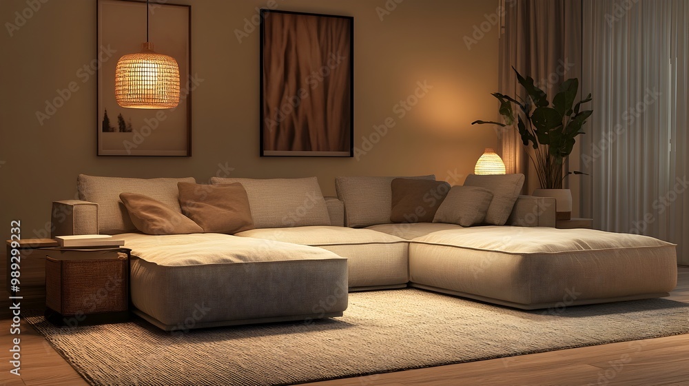 Fototapeta premium Cozy and inviting modern living room with a large comfortable sectional sofa minimalist stylish decor in earthy tones soft lighting and a relaxing Scandinavian aesthetic