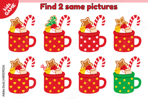 Educational kids game. Find 2 same picture with Christmas cocoa mug. Cartoon hot chocolate cup with marshmallow, gingerbread and candy cane. Puzzle for education children. New Year vector illustration