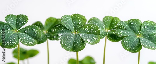 vibrant fourleaf clover isolated on pristine white background dewdrops glistening on emerald leaves symbol of luck and natures perfection photo