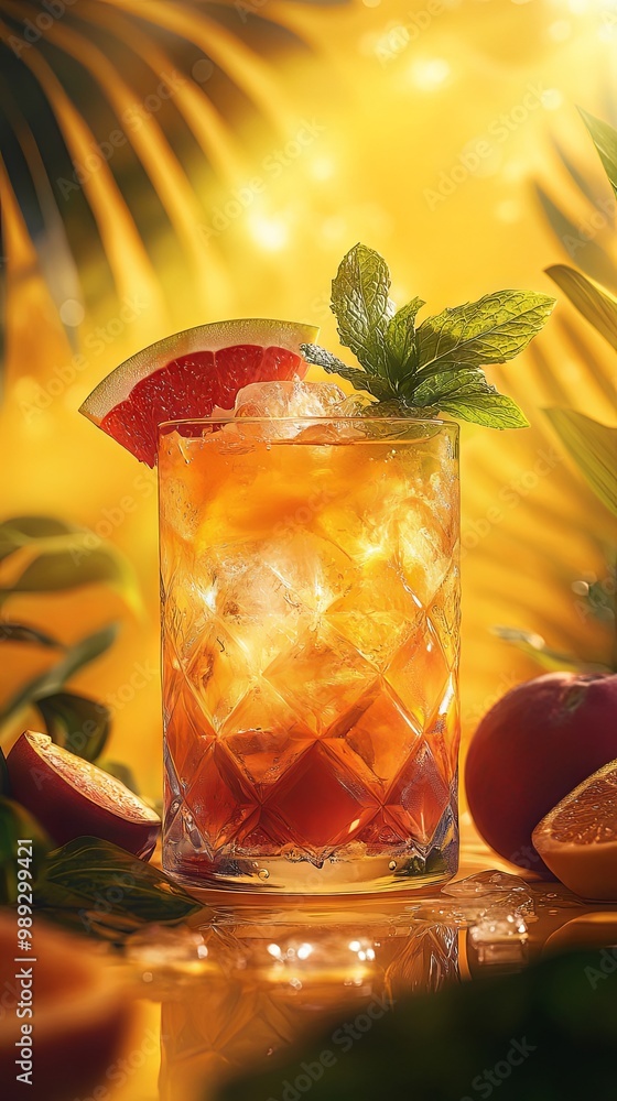 A tropical rum punch with exotic fruits and a hint of mint, served in a chic glass