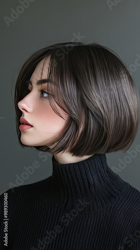 A woman with a chic and minimalist sleek bob haircut