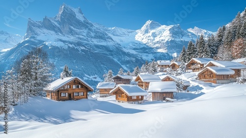 A small village nestled in the snowy Alps. 