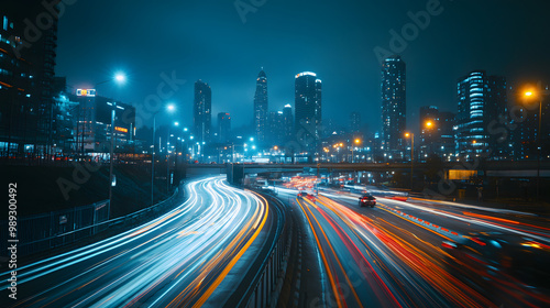 A panoramic view of a nighttime cityscape with drifting cars in the foreground leaving light trails.