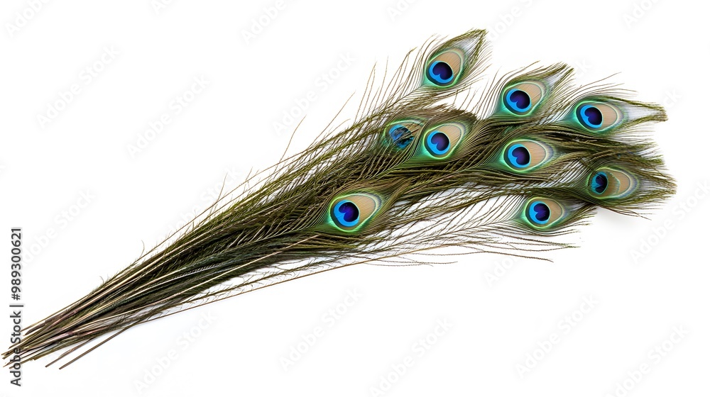 Obraz premium Peacock Feather on White Background, Abstract Image, Texture, Pattern Background, Wallpaper, Cover and Screen of Smartphone, PC, Laptop, 9:16 and 16:9 Format