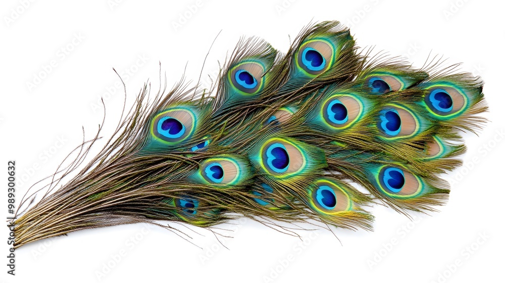 Obraz premium Peacock Feather on White Background, Abstract Image, Texture, Pattern Background, Wallpaper, Cover and Screen of Smartphone, PC, Laptop, 9:16 and 16:9 Format