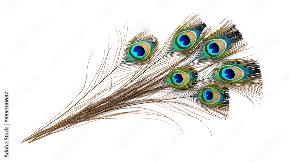Obraz premium Peacock Feather on White Background, Abstract Image, Texture, Pattern Background, Wallpaper, Cover and Screen of Smartphone, PC, Laptop, 9:16 and 16:9 Format