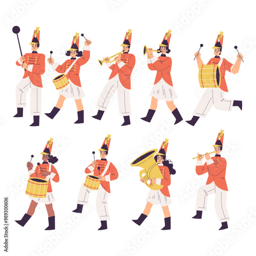 Orchestra with Marching People Character in Red Uniform with Musical Instrument Vector Set