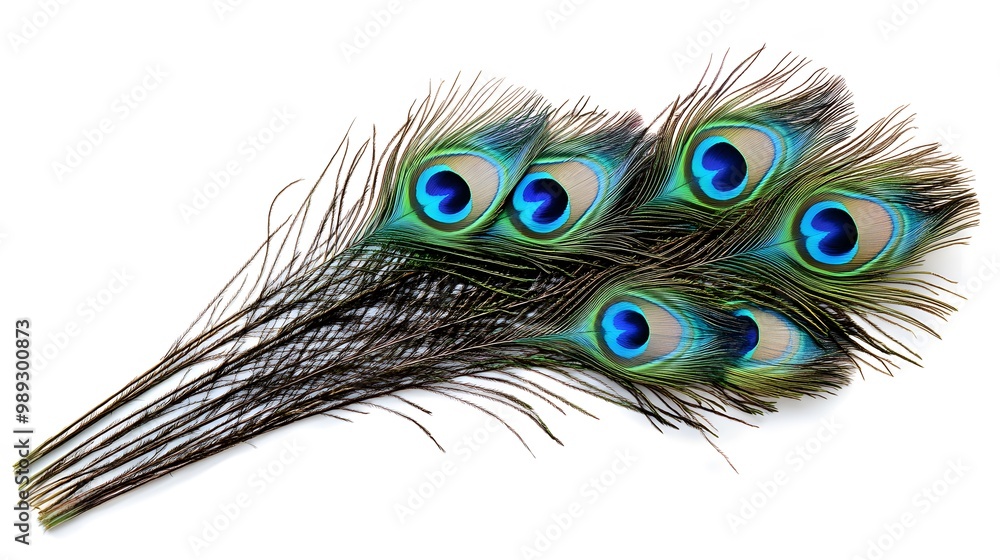 Obraz premium Peacock Feather on White Background, Abstract Image, Texture, Pattern Background, Wallpaper, Cover and Screen of Smartphone, PC, Laptop, 9:16 and 16:9 Format