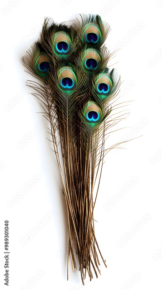 Obraz premium Peacock Feather on White Background, Abstract Image, Texture, Pattern Background, Wallpaper, Cover and Screen of Smartphone, PC, Laptop, 9:16 and 16:9 Format