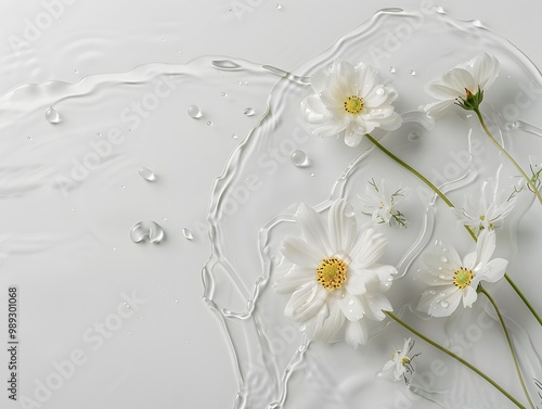 White Blossoms and Water Droplets Dance. The Serene Beauty of Floral Hydration in Motion. photo