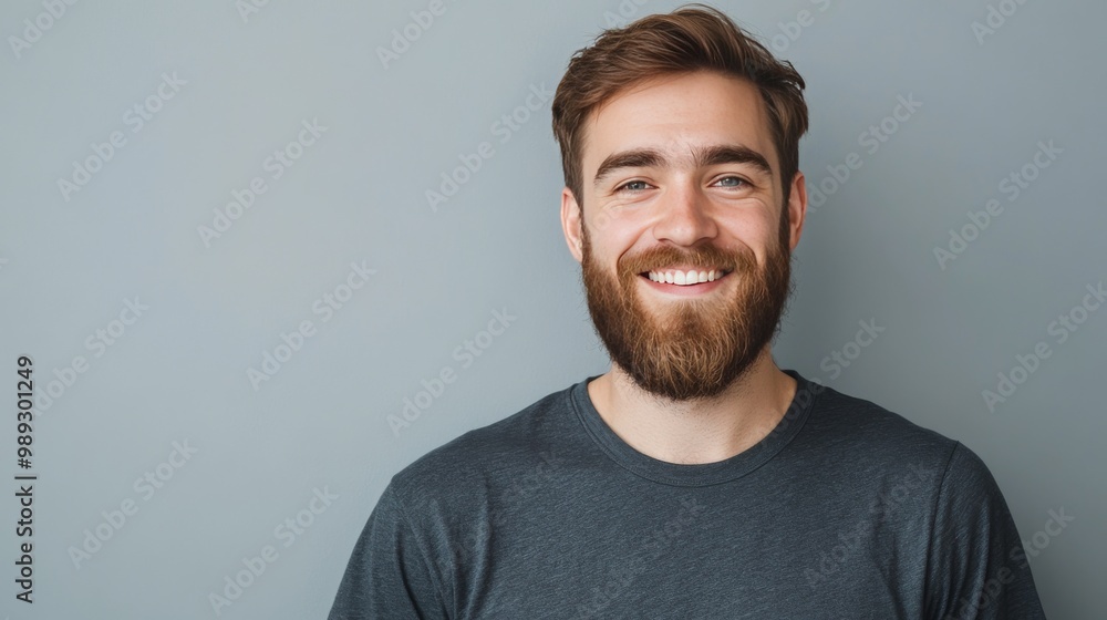 Cheerful man in studio. Portrait of a handsome bearded man in t-shirt smiling while standing against grey background. People lifestyle concept Cheerful man in studio. Portrait of a handsome bearded man in t-shirt smiling while standing against grey background. People lifestyle concept