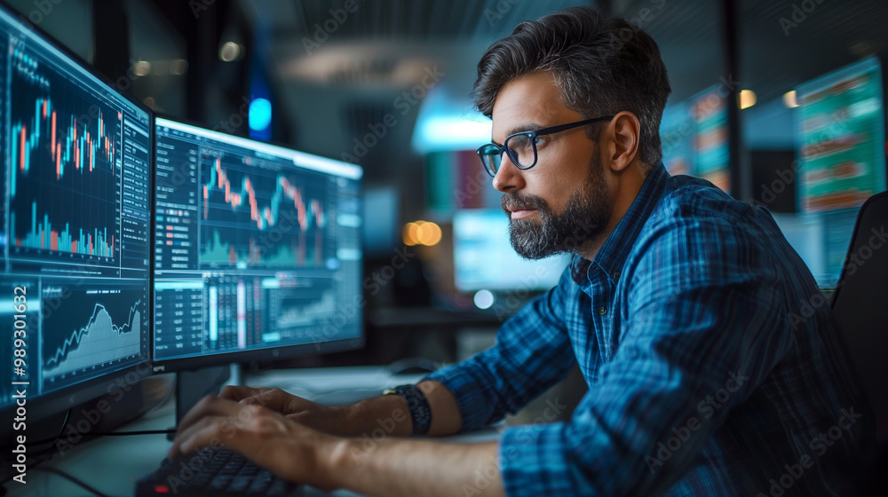 Focused trader analyzing stock market trends on multiple screens in a dimly lit office Focused trader analyzing stock market trends on multiple screens in a dimly lit office