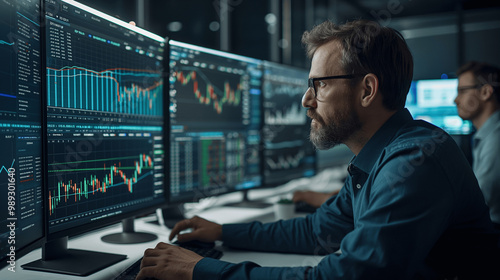 Focused trader analyzing stock market trends on multiple screens in a dimly lit office