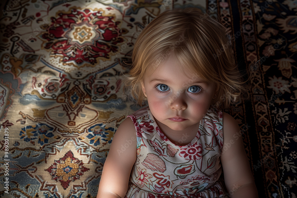 A blonde little girl looking up with a concerned expression. A toddler on a carpet or blanket with big, thoughtful eyes. A blonde little girl looking up with a concerned expression. A toddler on a carpet or blanket with big, thoughtful eyes.