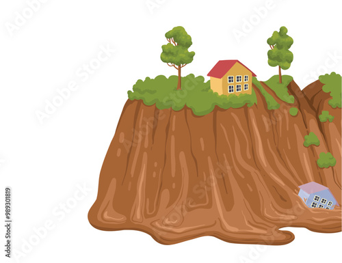 Cartoon mudflow, natural disaster. Landslide, mud stream with stones, washed away houses, mudflows extreme cataclysm disaster flat vector illustration on white background