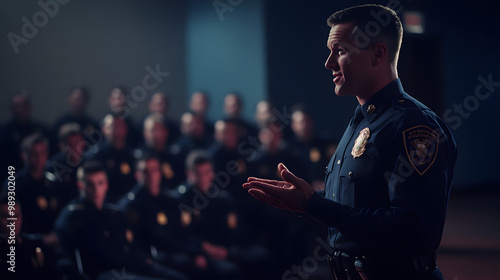 A police chief giving a motivational speech to a group of new recruits. photo