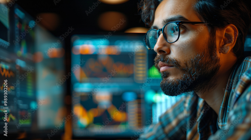 Focused trader analyzing market trends on multiple screens in a dimly lit room Focused trader analyzing market trends on multiple screens in a dimly lit room