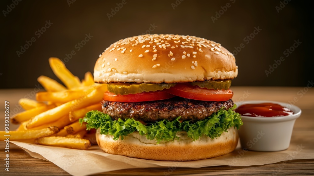 A mouth-watering burger on a toasted bun, surrounded by golden fries and a side of dipping sauce, with a simple wooden background, highlighting the natural colors of the ingredients. A mouth-watering burger on a toasted bun, surrounded by golden fries and a side of dipping sauce, with a simple wooden background, highlighting the natural colors of the ingredients.
