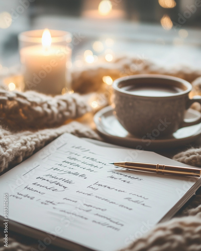 Handwritten to-do list with coffee and candles on a cozy knit blanket, winter evening ambiance  photo