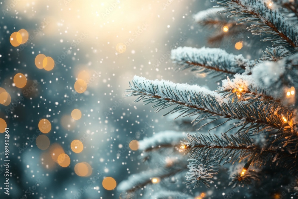 Christmas tree branches with white fluffy snow and bokeh lights on a blurred background. Christmas tree branches with white fluffy snow and bokeh lights on a blurred background.