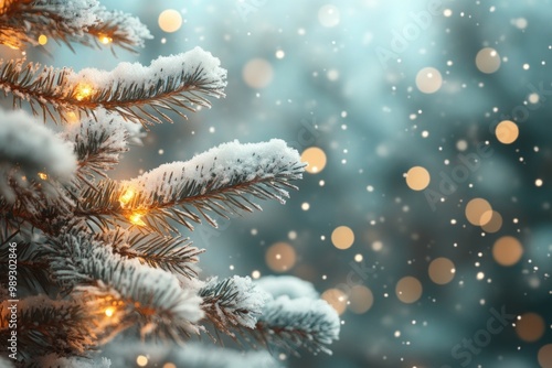 Christmas tree branches with white fluffy snow and bokeh lights on a blurred background.