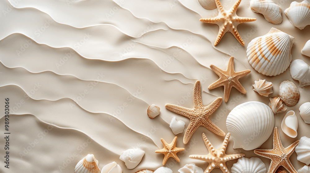 Starfish and seashells on sandy beach with gentle ocean foam Starfish and seashells on sandy beach with gentle ocean foam