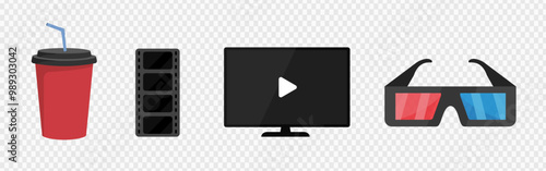 Cocktail, coffee, hot chocolate, espresso, cappuccino or latte in a paper bucket with a cocktail straw. 4k tv for cinema, filmstrip. Cinema 3d glasses