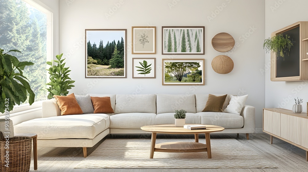 Bright and airy open concept living room showcasing a spacious neutral colored linen upholstered sectional mid century inspired low profile furniture and a gallery wall of nature inspired photography Bright and airy open concept living room showcasing a spacious neutral colored linen upholstered sectional mid century inspired low profile furniture and a gallery wall of nature inspired photography