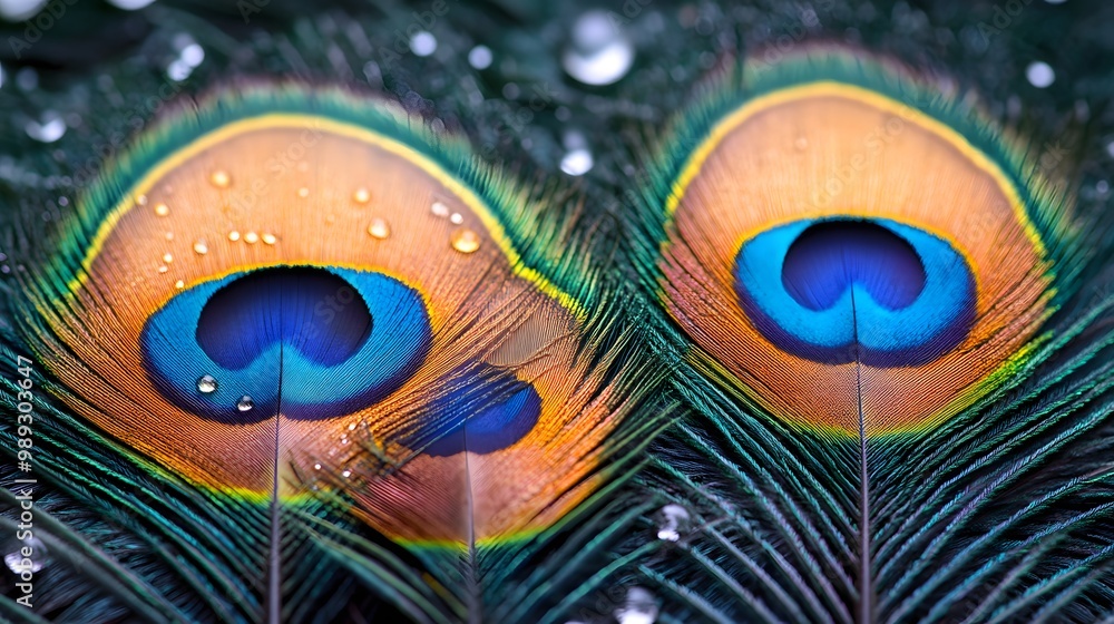 Naklejka premium Peacock Feather Close-up, Abstract Image, Texture, Pattern Background, Wallpaper, Cover and Screen of Smartphone, PC, Laptop, 9:16 and 16:9 Format