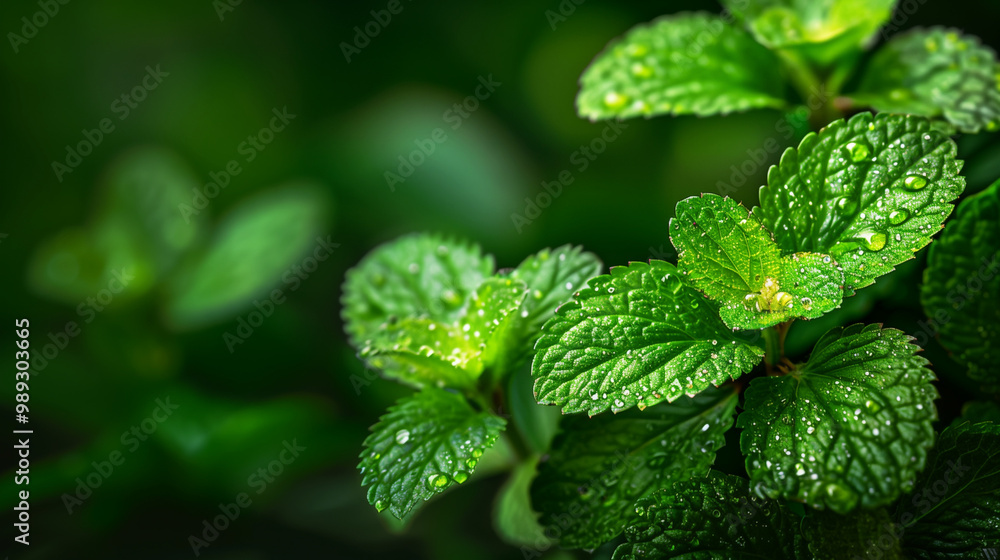 Fresh green mint leaves with water droplets on a dark background Fresh green mint leaves with water droplets on a dark background