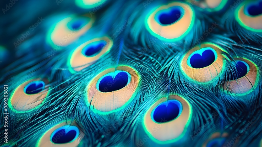 Obraz premium Peacock Feather Close-up, Abstract Image, Texture, Pattern Background, Wallpaper, Cover and Screen of Smartphone, PC, Laptop, 9:16 and 16:9 Format