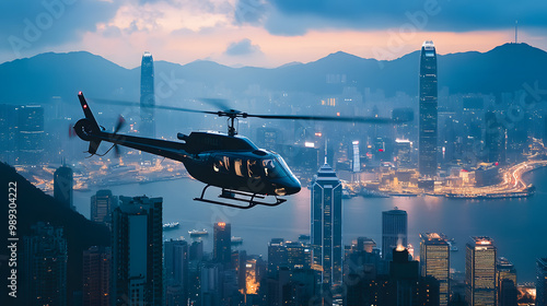 A police helicopter hovering over a cityscape during a search operation.