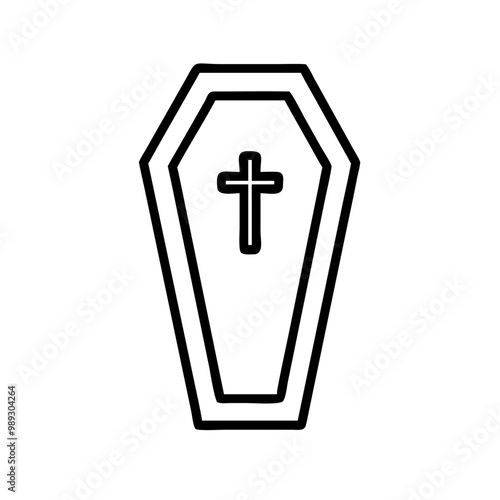 Coffin with cross outline icon, solemn mood, symbolizing funerals and memorial services, on a transparent background
