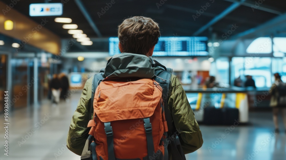 A solo traveler with a backpack walking through an airport terminal A solo traveler with a backpack walking through an airport terminal