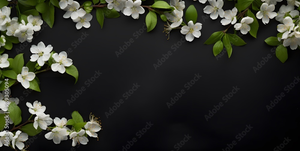 Fototapeta premium Elegant Spring Border with White Blossoms on Black Background
